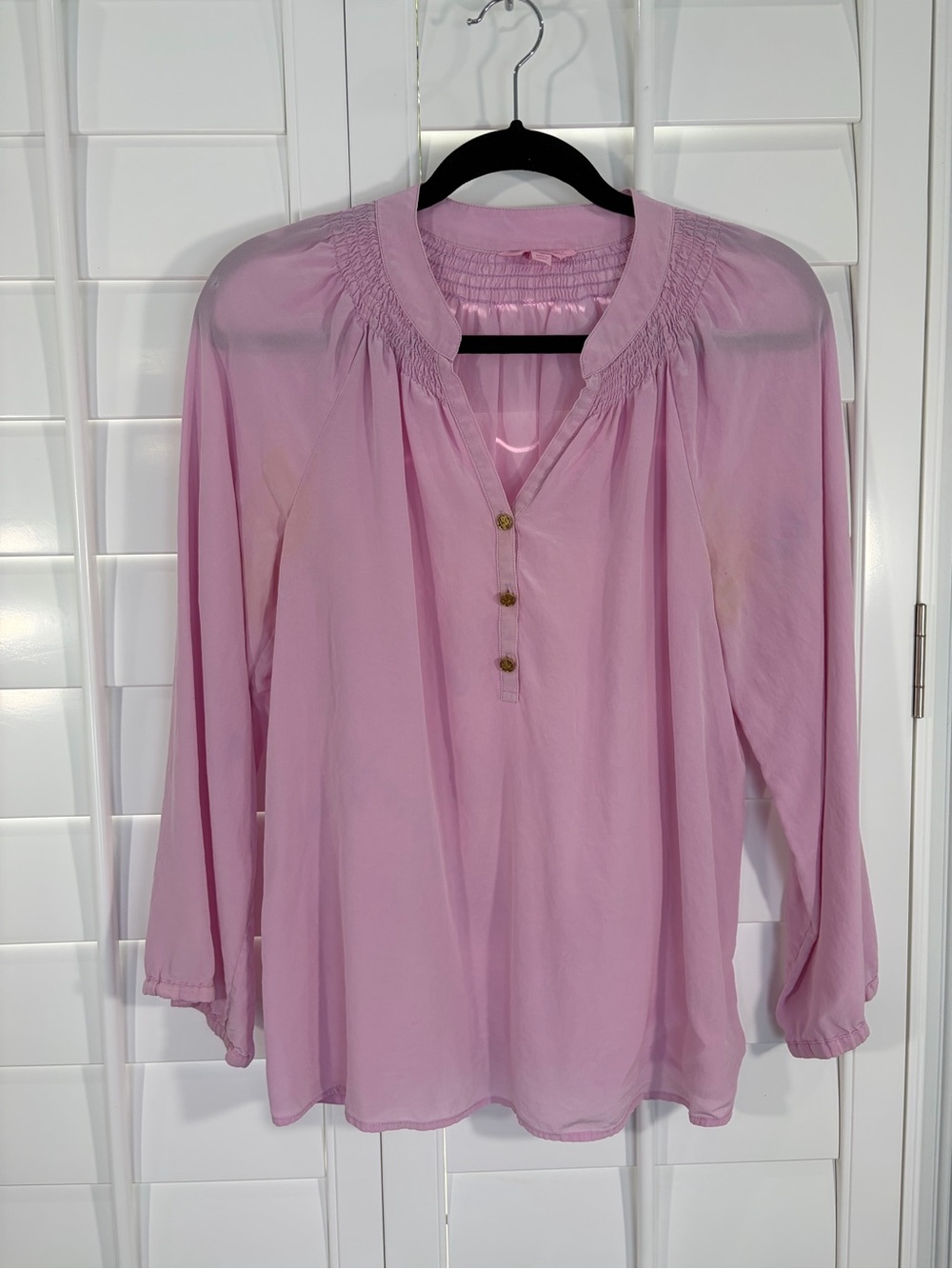 Lilly Pulitzer 100% Silk Light Pink Smocked Yoke Peasant Blouse (M)
